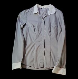 Women's H&M Button-Up Long Sleeved Dress Shirt, Gray with White Cuffs, Size 2